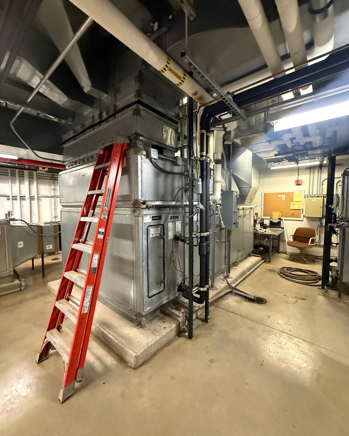 An air handler in a mechanical room